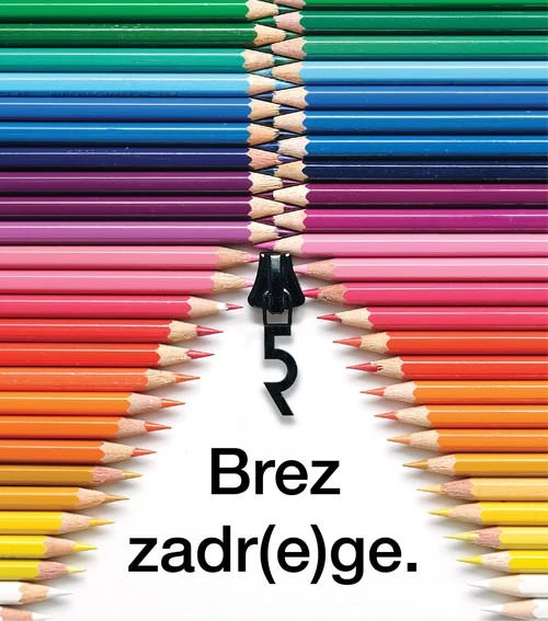 Grafika brez zadr(e)ge na kateri so barvni svinčniki postavljeni kot zadrga.